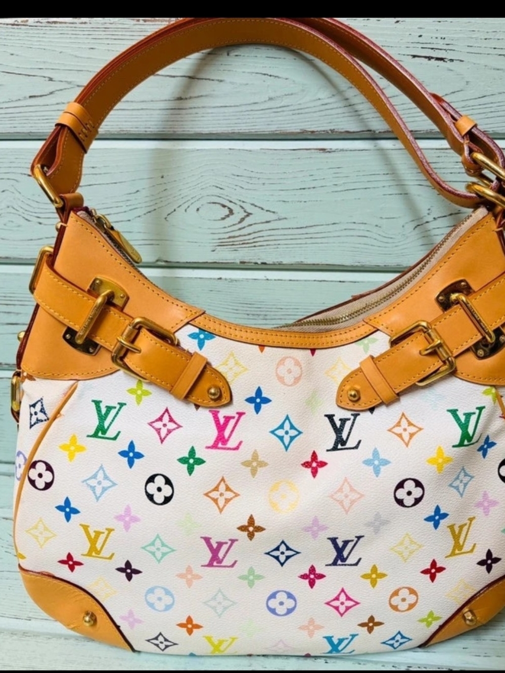 Louis Vuitton Multicolor Monogram Shoulder Bag — White with Tan Leather Trim